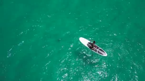 モルディブのターコイズブルーの海に白い潜水艦に乗っている女性の航空写真 — ストック動画