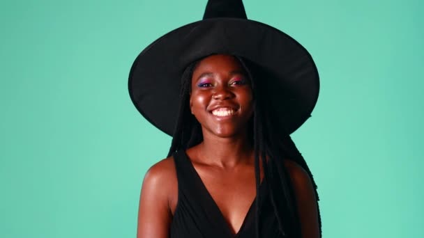 Young Beautiful Woman Wearing Witch Halloween Costume Smiling Cheerful Blue — Stock Video