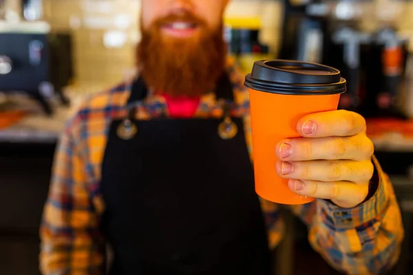 Professional Barista Young Redhaired Ginger Bearded Man Black Apron Working — Stock Photo, Image