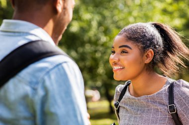 Afro-Amerikalı arkadaşlar güneşli bir günde parkta üniversite kampüsünde bilgi paylaşıyorlar..