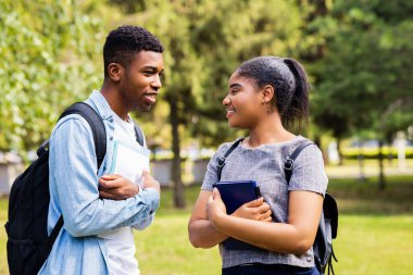 Afro-Amerikalı arkadaşlar güneşli bir günde parkta üniversite kampüsünde bilgi paylaşıyorlar..