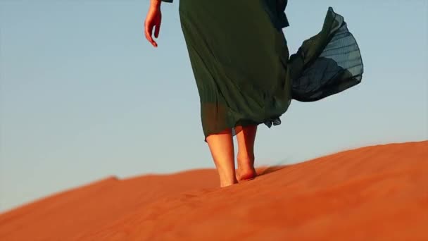 Wanita Dengan Baju Hijau Panjang Berdiri Gurun Pasir Pasir Pasir — Stok Video