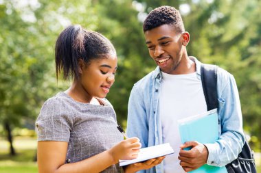 Afro-Amerikalı arkadaşlar güneşli bir günde parkta üniversite kampüsünde bilgi paylaşıyorlar..