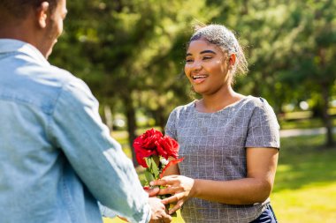 Güneşli bir günde yaz parkında romantik piknikte gülümseyen Afrikalı çift..
