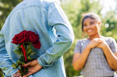 Güneşli bir günde yaz parkında romantik piknikte gülümseyen Afrikalı çift..