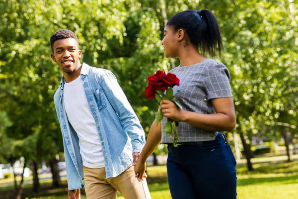 Güneşli bir günde yaz parkında romantik piknikte gülümseyen Afrikalı çift..