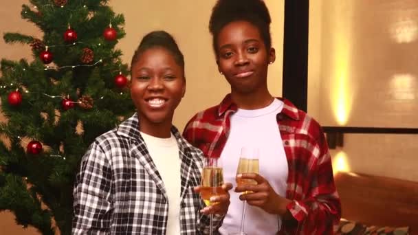Дві Молоді Латинські Пари Закохалися Камеру Роблять Тост Привітання Фоні — стокове відео