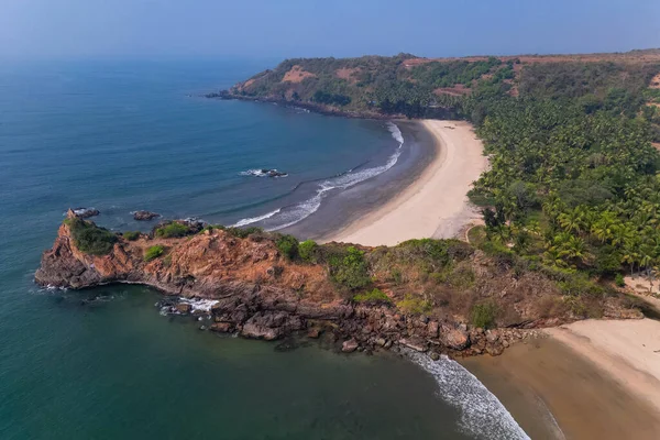 Goa 'da güneş ışığı altında yeşil palmiye ağaçlarıyla tropikal plajda hava manzarası.