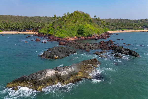 Goa 'da güneş ışığı altında yeşil palmiye ağaçlarıyla tropikal plajda hava manzarası.