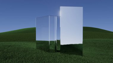 3D illüstrasyon Çimenlere üç dikdörtgen cam parçası yansıyor.