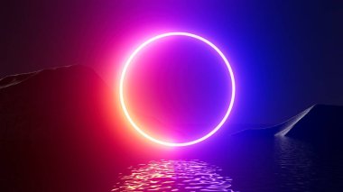 3 boyutlu illüstrasyon Neon halkası geceleri dağlarda.