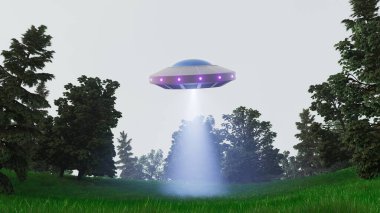 Bir UFO ormanın üzerinde uçuyor, gökyüzünde mavi bir iz bırakıyor. Sahne gizemli ve dünya dışı, UFO 'dan gelen parlak mavi ışık koyu yeşil ağaçlara zıt.