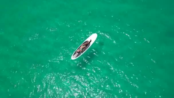Αεροφωτογραφία Γυναίκας Λευκό Σανίδι Στα Γαλαζοπράσινα Νερά Των Μαλδίβων — Αρχείο Βίντεο