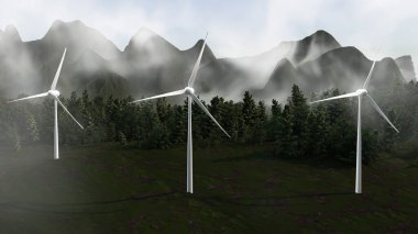 Arka planda dağlar olan bir ormanda üç rüzgar türbini duruyor. Türbinler uzun ve beyaz ve etrafları ağaçlarla çevrili. Doğa ve teknoloji arasındaki uyum kavramı