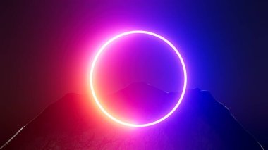 3 boyutlu illüstrasyon Neon halkası geceleri dağlarda.