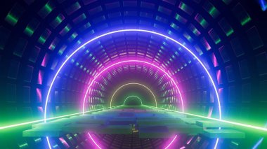 Gece 3D renkli yuvarlak neon kapı yolu.