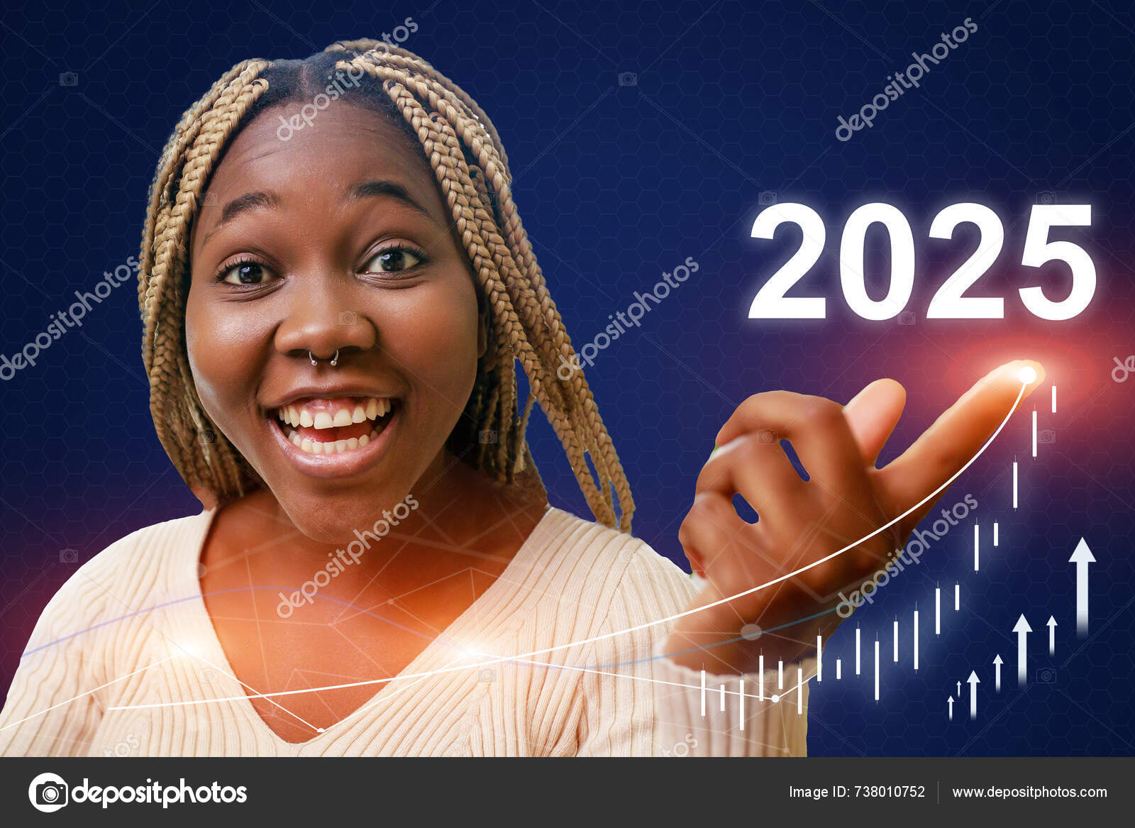 Woman Long Hair Pointing Year 2025 Concept Excitement Anticipation Future — Stock Photo