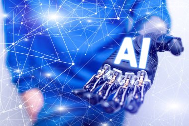 Bir adam mavi arka planı olan bir robot eli tutuyor ve diyor ki:.