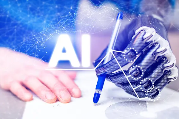 Bir insan bir kağıt parçasına bir kalemle yazıyor. Resim Yapay Zeka başlıklı ve mavi bir arkaplan ile çevrili
