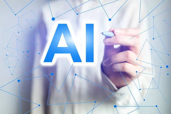 Ekranda bir kişi A harfini kalemle çiziyor. Yapay zeka kavramı ve yoktan var etme kavramı. Sahne yaratıcı ve gelecekçidir.