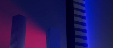 3D resimleme Arka planda yüksek bir bina ile bir şehir silueti.