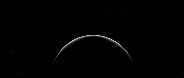 Черно-белое изображение планеты со звездным небом на заднем плане. Планета является основным фокусом изображения, а звезды на заднем плане создают ощущение глубины и необъятности