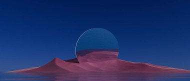 Bir su kütlesi üzerinde bir dağın mavi ve pembe yansıması. Yansıma bozulmuş ve dağ mavi bir gökyüzü ile çevrili.