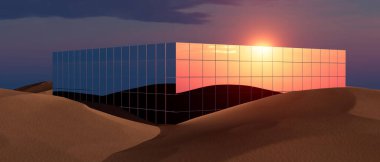 3D çizim üzerinde güneşin yansıması olan büyük bir bina..