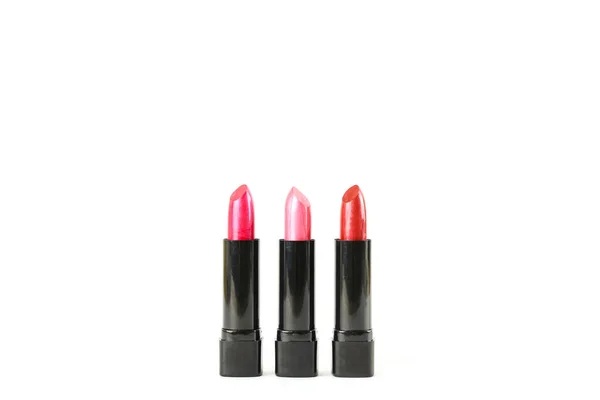 Three Glossy Lipsticks Different Shade Row Isolated White Background Lot — Stock Photo, Image