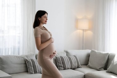 Young beautiful woman on second trimester of pregnancy. Pregnant female wearing maternity wear, with arms around her belly. Expecting a child. Background, copy space