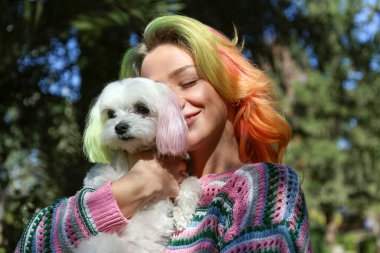 Parkta renkli örgü süveter giyen genç bir kadın Malta köpeğine sarılıyor. Renkli saçlı bir kadın ve kulakları aynı renkte bir köpek yavrusu. Boşluğu kopyala, arkaplan.