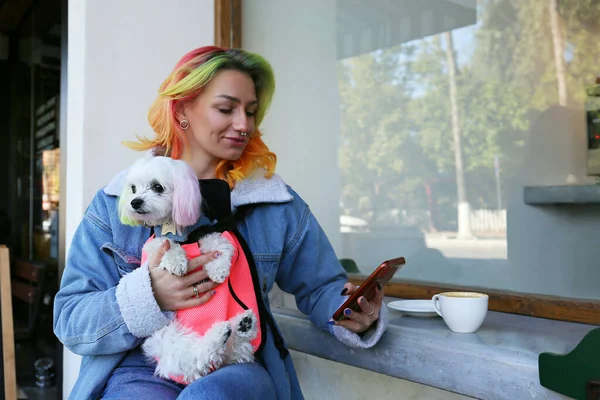 Genç Bir Kadın Evcil Hayvan Taşıyıcı Çantasında Köpeğiyle Sabah Kahvesinin — Stok fotoğraf