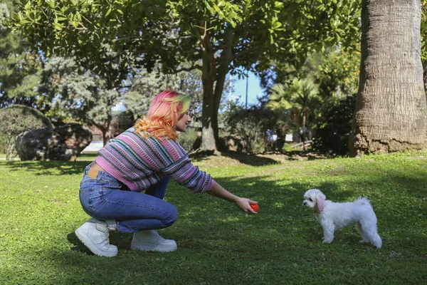Hipster Jeune Femme Jouant Aller Chercher Dans Parc Avec Son — Photo