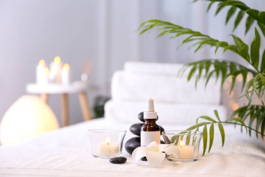 Masaj masasındaki kozmetik işlemler için taş terapisi özellikleri. Spa salonu için sembolik nesneler. Kapat, metin, üst görünüm ve arkaplan için boşluk kopyala.