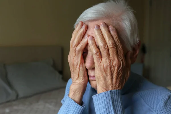 Close Portrait Elderly Woman Experiencing Headache Covering Her Face Hands — Stock Photo, Image