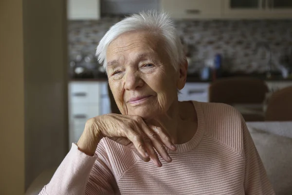 Portrait Elderly Lady Alone Home Senior Woman Years Age Sitting — Fotografia de Stock