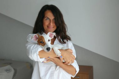 Güzel, esmer, orta yaşlı bir kadının sevimli Jack Russell Terrier köpeği ile oynadığı portre. Sevgi dolu sahibi ve komik görünüşlü köpeği eğleniyor. Arkaplan, kapat, boşluğu kopyala.