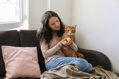 Esmer, genç bir kadın kurtarıcı kızıl kedisiyle evde oynuyor. Boşluk arkaplanı kopyala.