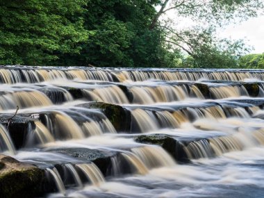 Wharfe Nehri 'nin karşısındaki Burley-in-Wharfedale, İngiltere' de güzel bir giysi. Weir 4 adımda ve nehir hızlı akmadığı için akış yavaşlıyor. Güzel, güneşli bir yaz günü..