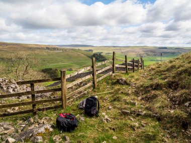 Littondale 'de Yorkshire Dales' de bir çitin yanında sırt çantaları çekiliyor.