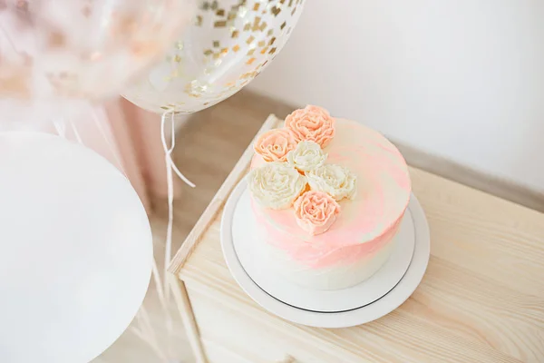 Celebración Cumpleaños Para Niña Casa Color Rosa Claro Oro Pastel —  Fotos de Stock