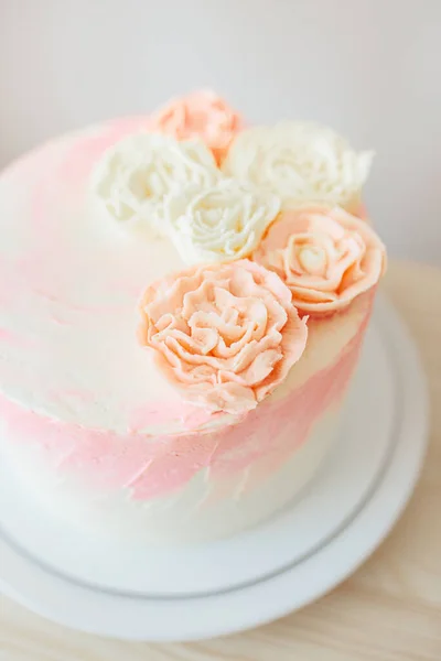 Celebración Cumpleaños Para Niña Casa Colores Rosa Claro Oro Tarta — Foto de Stock