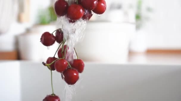 Kirsche Frauenhände Waschen Frische Kirschbeeren Mit Wasser Hochwertiges Filmmaterial — Stockvideo
