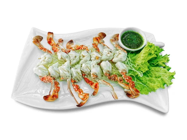 Steamed Crab Legs White Plate Green Spicy Seafood Sauce — Stock Photo, Image