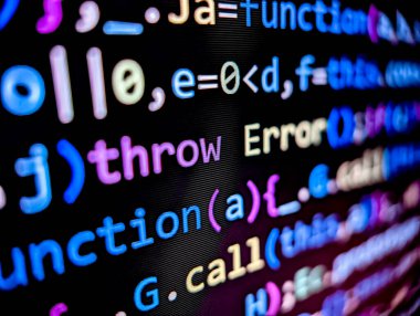 Error text in computer code displayed on pixelated screen with colorful words on a dark background