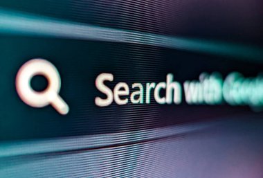 A pixelated closeup view of an internet browser UI with a search input and secure lock icon