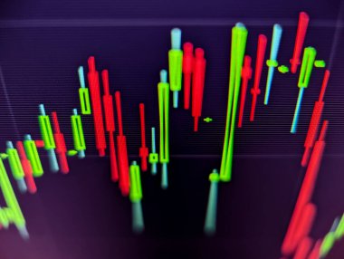 Stock market price chart with red and green candlesticks displayed on a pixelated monitor with a dark background