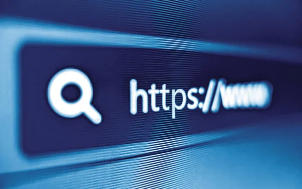 Pixelated closeup view of an internet browser address bar with https and search icon in blue