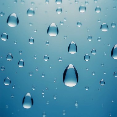 Many water drops, the water droplets are not the same size, the tone of the image is light blue, the background image is characteristic.Generative Ai  illustration clipart