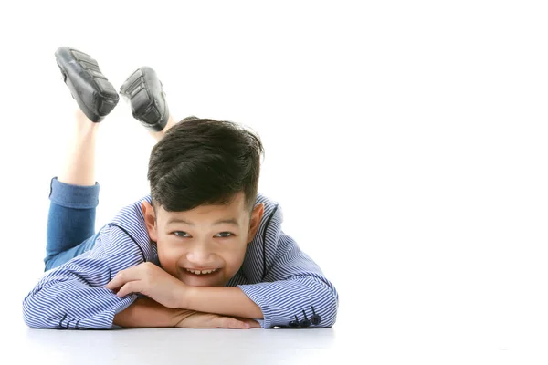 Year Old Asian Boy Casual Jacket Lying Floor Smiling Happily — Stock Photo, Image